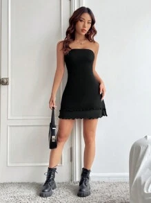 SHEIN EZwear Của phụ nữ Màu thuần Quây Đầm - màu đen - Xem 5