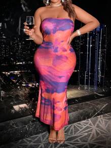 SHEIN SXY Vestido De Sirena Sin Tirantes Con Efecto Tie-dye Para Mujer Talla Grande
