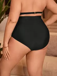 SHEIN Swim Curve Summer Beach Plus Size Women's High Waist Swim Briefs With Criss-Cross Design - Black - View 2