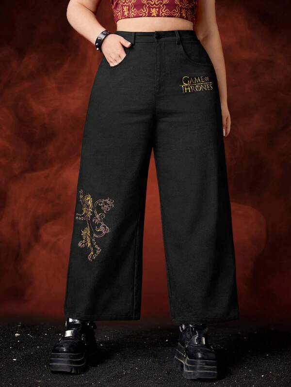 Game of Thrones X SHEIN Plus Letter Print Pocket Straight Leg Pants