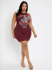 SHEIN SXY 大尺碼女士老鷹字母印花露背連衣裙 - 酒紅色 - 查看 5