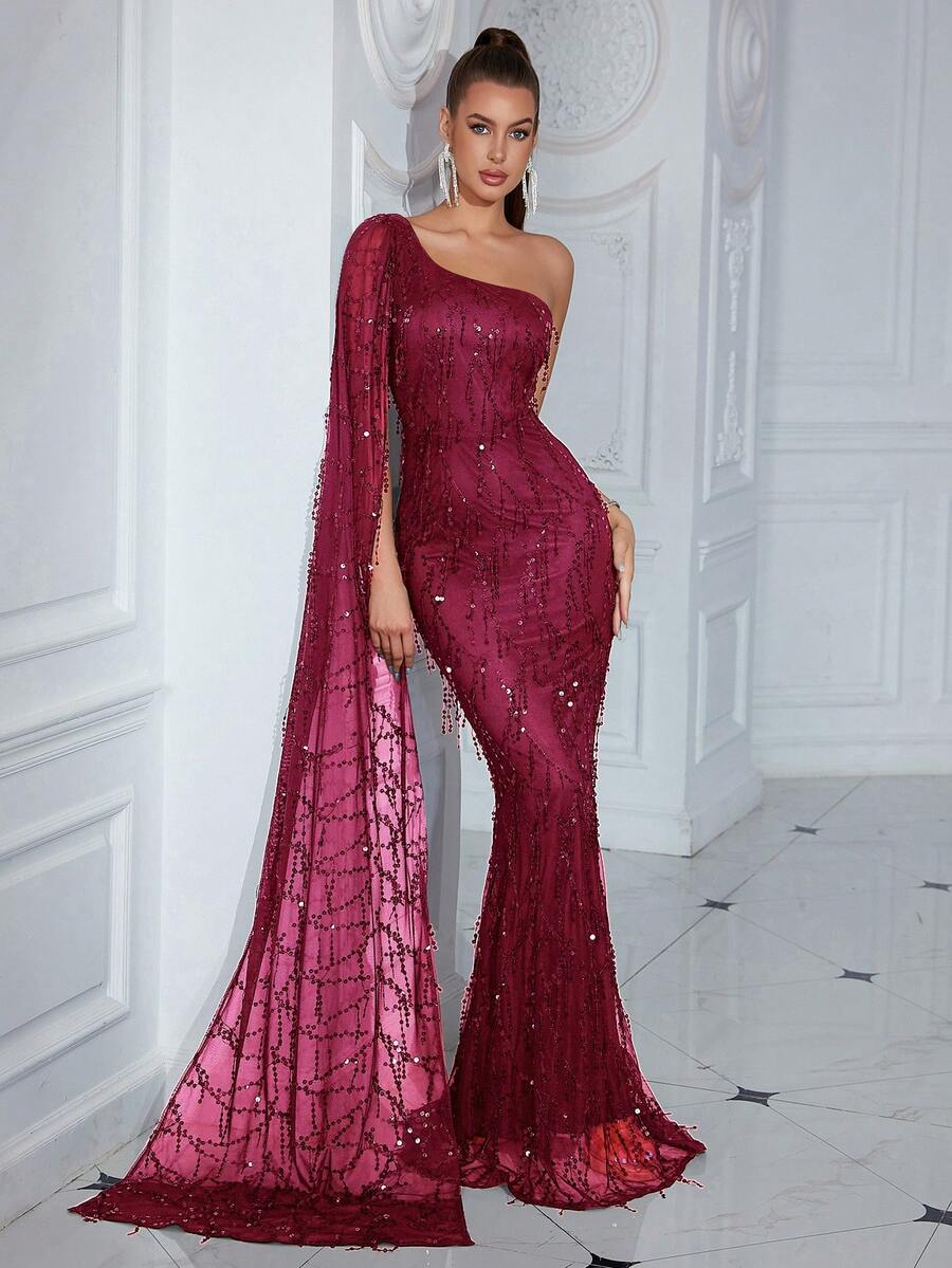 ADYCE 1 件单肩超长斗篷袖亮片装饰派对礼服 - 酒紅色 - 查看 1