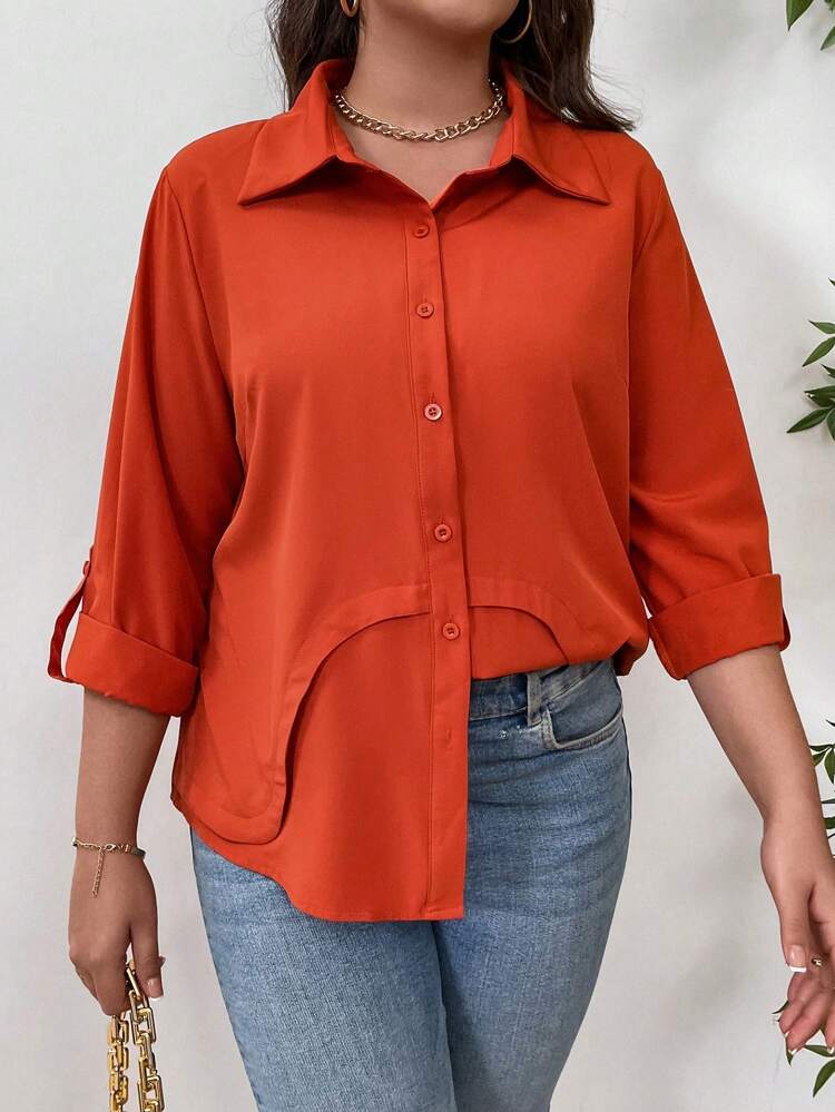 Plus Size Solid Color Rolled-Up Sleeve Shirt