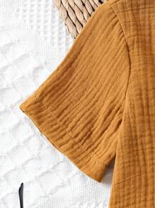 SHEIN Vintaside Kids 2pcs Boys Casual Cotton Pocket Front Stand Collar Top And Shorts Set, Crinkle Fabric, Summer Getaway, Holiday, Travel, Relax, Sunbathing - Brown - View 6