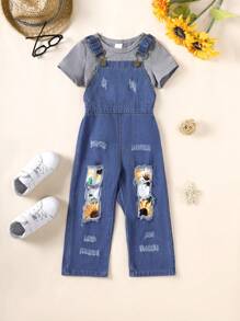 SHEIN Toddler Girls' Sunflower Pattern T-Shirt And Denim Overall Set For Holiday - Grey - View 3