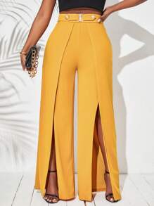 SHEIN Lady Women's Solid Color Slit Design Casual Versatile Daily Wear Pants - Yellow - View 4
