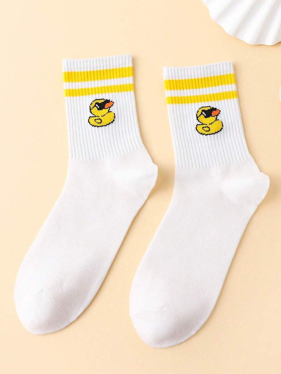 Fun Duck Wearing Sunglasses Pattern Jacquard Mid-Calf Socks - White - View 1