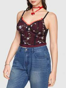 ROMWE Kawaii 復古花卉刺繡雙層大碼女士吊帶上衣 - 黑色 - 查看 4