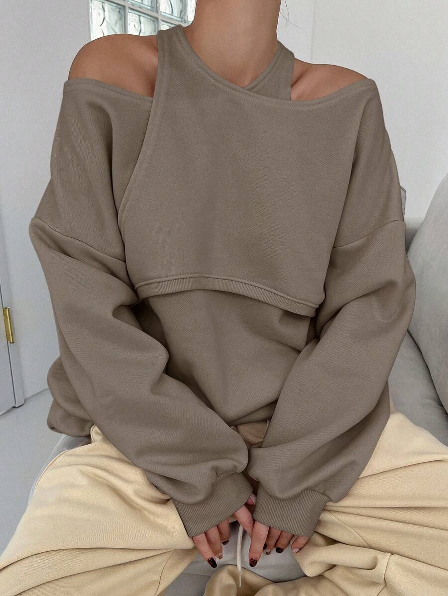 DAZY Sudadera de mujer con cuello asimétrico y hombros abiertos - Marrón - Ver 1