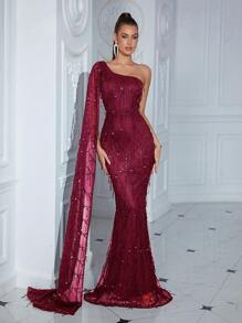 ADYCE 1 件单肩超长斗篷袖亮片装饰派对礼服 - 酒紅色 - 查看 5