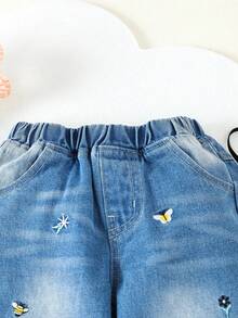 幼兒女童蜜蜂心形花卉刺繡牛仔褲 - 中等水洗藍 - 查看 5