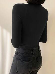DAZY 女式修身高领 T 恤长袖女式上衣，秋季女装 - 黑色 - 查看 2