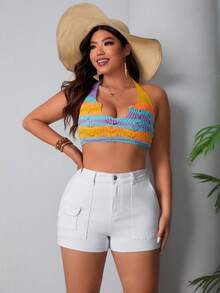 SHEIN VCAY 大尺碼女士牛仔短褲,有口袋 - 白色 - 查看 5