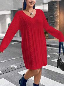 Flirla 加大尺碼v領針織毛衣連衣裙 - 紅色 - 查看 4