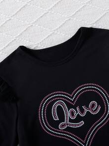 SHEIN Tween Girls' Cap Sleeve Heart & Letter Printed T-Shirt And A-Line Skirt Set - Black - View 4