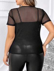 SHEIN Clasi Plus Size Women'S Striped Mesh Top - Black - View 2