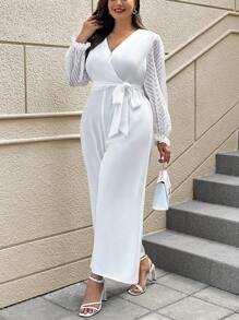 SHEIN Clasi Plus Size Jacquard Flared Sleeves Wrapped Neck Jumpsuit - White - View 5