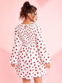 SHEIN EZwear 情人节可爱心形印花灯笼袖连衣裙 - 彩色 - 查看 2