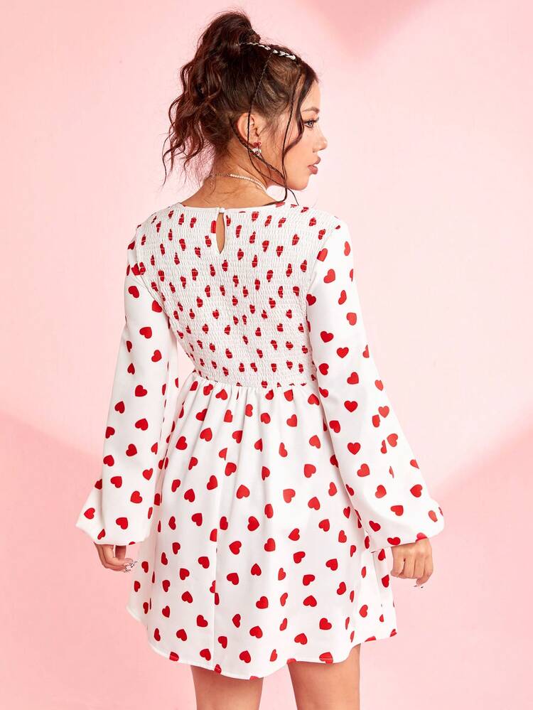 Lovely Heart Printed Lantern Sleeve Dress For Valentine's Day