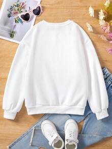 SHEIN Cô gái Tween Đồ họa hoa & chữ Thả vai Áo nỉ - trắng - Xem 2