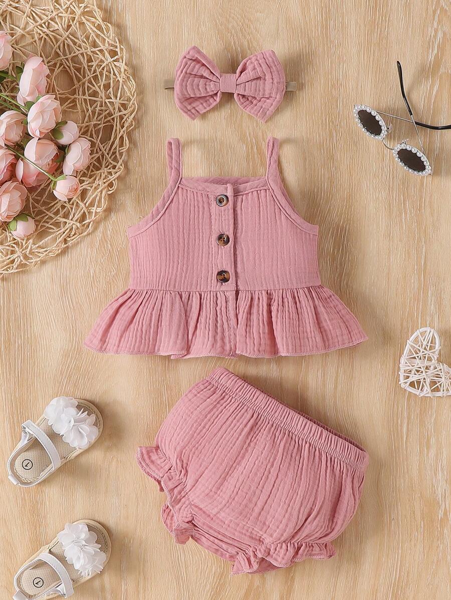 SHEIN Conjunto De 2 Piezas De Camisola Corta Y Shorts De Verano Sólidos Para Niñas Recién Nacidas