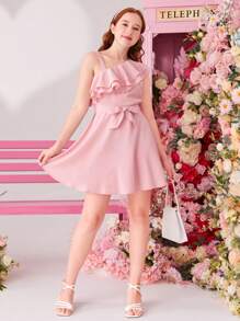 SHEIN Teen Girls' Woven Solid Color Double Layer Ruffle Trim Casual Dress - Pink - View 7