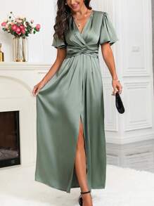 SHEIN Clasi Women's High Slit Pleated Waist Asymmetrical Hem Dress