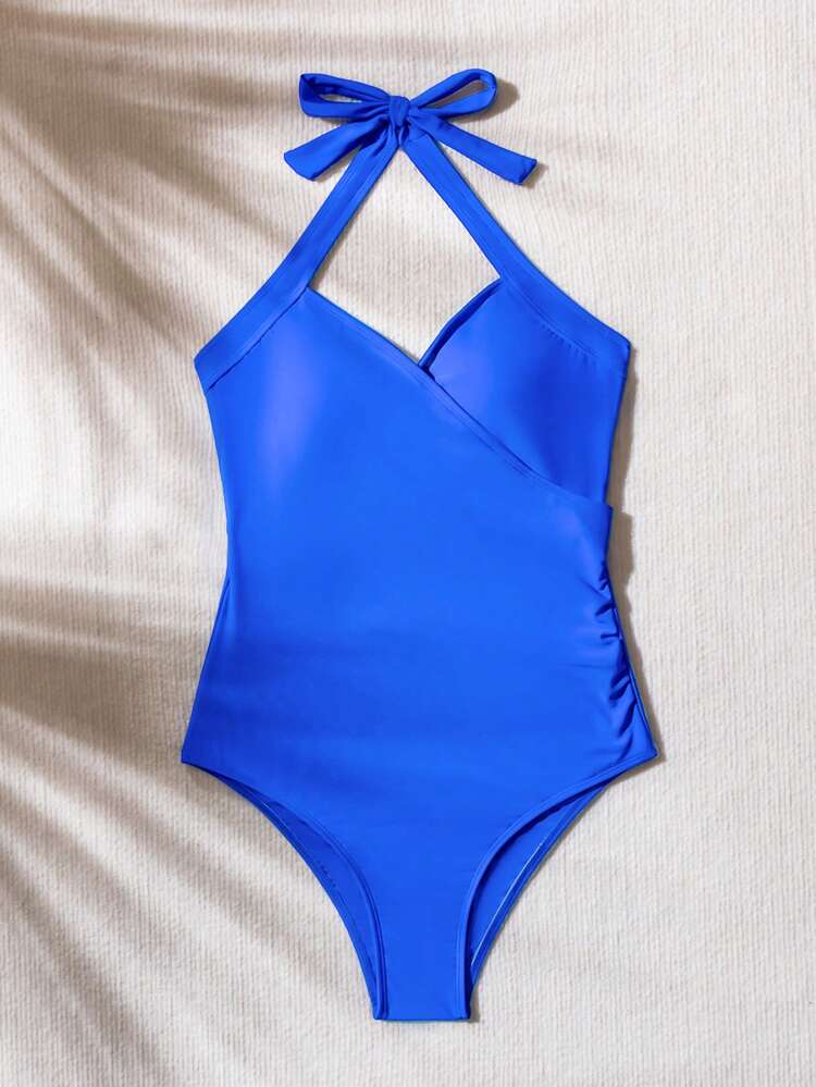 Ladies' Solid Color Wrap Around Halter Neck One Piece Swimsuit Carnival Summer