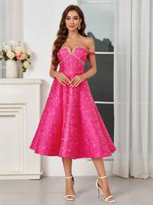 SHEIN Belle Women's Off-Shoulder Dress Rose Red Jacquard Fabric Rhinestones Chain Embellished Chest Suitable For Cocktail Dresses - Pink - View 6