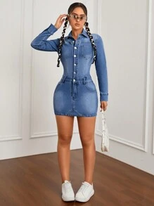 SHEIN ICON Long Sleeve Washed Denim Bodycon Dress