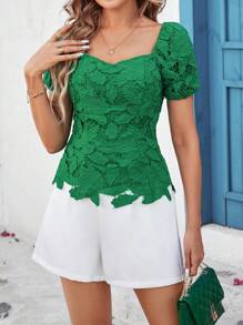 SHEIN Clasi Lace & Sweetheart Collar Saint Patrick Day Women's Blouse - Green - View 5