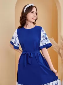 SHEIN Teen Girls' Floral Pattern Spliced Casual Dress - Blue and White - View 6