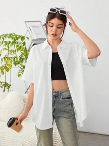 SHEIN Thiếu niên Cô gái Dệt màu trơn Màu sắc Mặt trước & Trở lại Mở Nút Giải trí Áo sơ mi Với Cổ bẻ - trắng - Xem 5