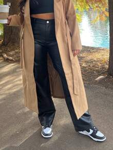 MYOURSA 翻盖口袋PU皮革工装裤 - 黑色 - 查看 5