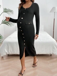 SHEIN Thai sản Sọc Nút Trang trí Đầm - màu đen - Xem 4