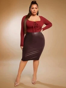 SHEIN SXY Kích thước lớn Của phụ nữ Gầy Đàn hồi chất liệu da PU Váy - Màu nâu Sô-cô-la - Xem 1