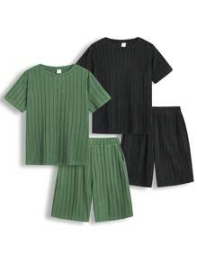 SHEIN 4入組十幾歲男孩休閒 Masson2021 純色鬆身短袖t恤和短褲夏季套裝 - 彩色 - 查看 1