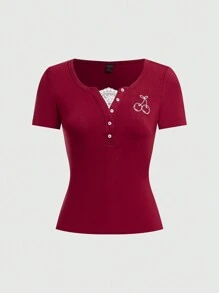 ROMWE Kawaii Cherry Embroidered Lace Trim Short Sleeve T-Shirt