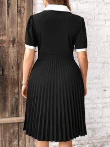 Plus Size Color Block V-Neckline Dress With Ruffle Sleeves And Hem - Black and White - View 2