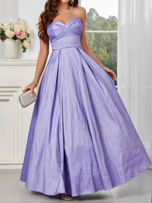 SHEIN Belle Strapless Dress With Bowknot Decoration On The Front, Large Hem, Back Tie, Special Color-Changing Material For Women's Evening Gown