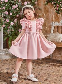 SHEIN Vestido Redondo De Manga Corta De Cuello Redondo Para Niña Adolescente Con Triple Dobladillo Y Diseño Floral De Jacquard - Rosa - Ver 4