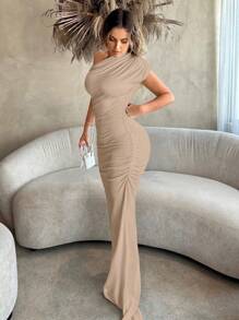 Zolique Vestido maxi de mujer con un hombro, drapeado y abertura lateral - Caqui - Ver 5