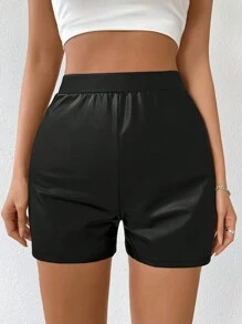 SHEIN LUNE High-Waisted Pu Leather Shorts With Elegant Style - Black - View 6