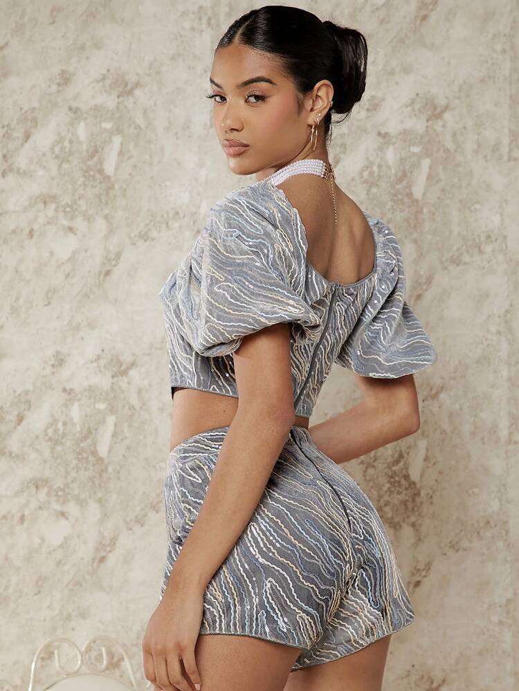 Sequin Puff Sleeve Top & Shorts Two Pieces Set