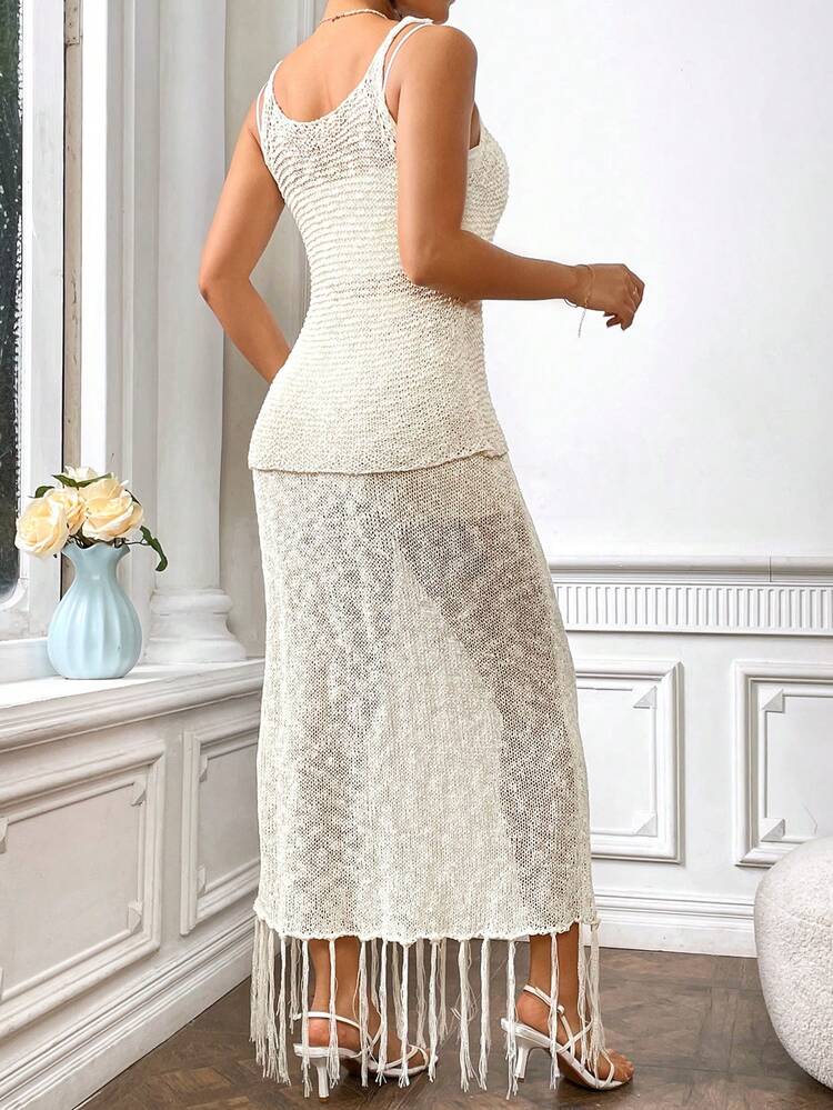 Women's Knitted Cami Top & Fringe Hem Sweater Skirt Two Piece Set