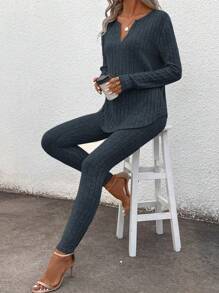 SHEIN LUNE 2pcs/Set Women Basic Black Thermal Underwear Set, Long Sleeve T-Shirt & Leggings, Winter New Arrival Matching Pajama Set