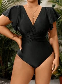 Swim Lushoire Summer Beach Plus Size Solid One-Piece Swimsuit With Ruffled Sleeves