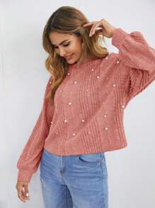 SHEIN LUNE Bead & Round Neckline Distressed Ribbed T-Shirt - Coral Pink - View 5