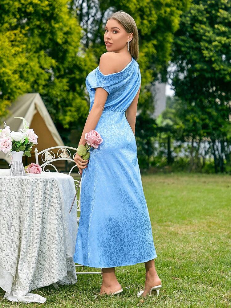 Asymmetrical Neckline Jacquard Split And High Waist Bridesmaid Dress