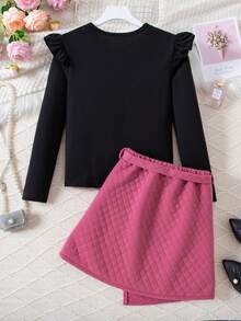 SHEIN Tween Girls' Cap Sleeve Heart & Letter Printed T-Shirt And A-Line Skirt Set - Black - View 2